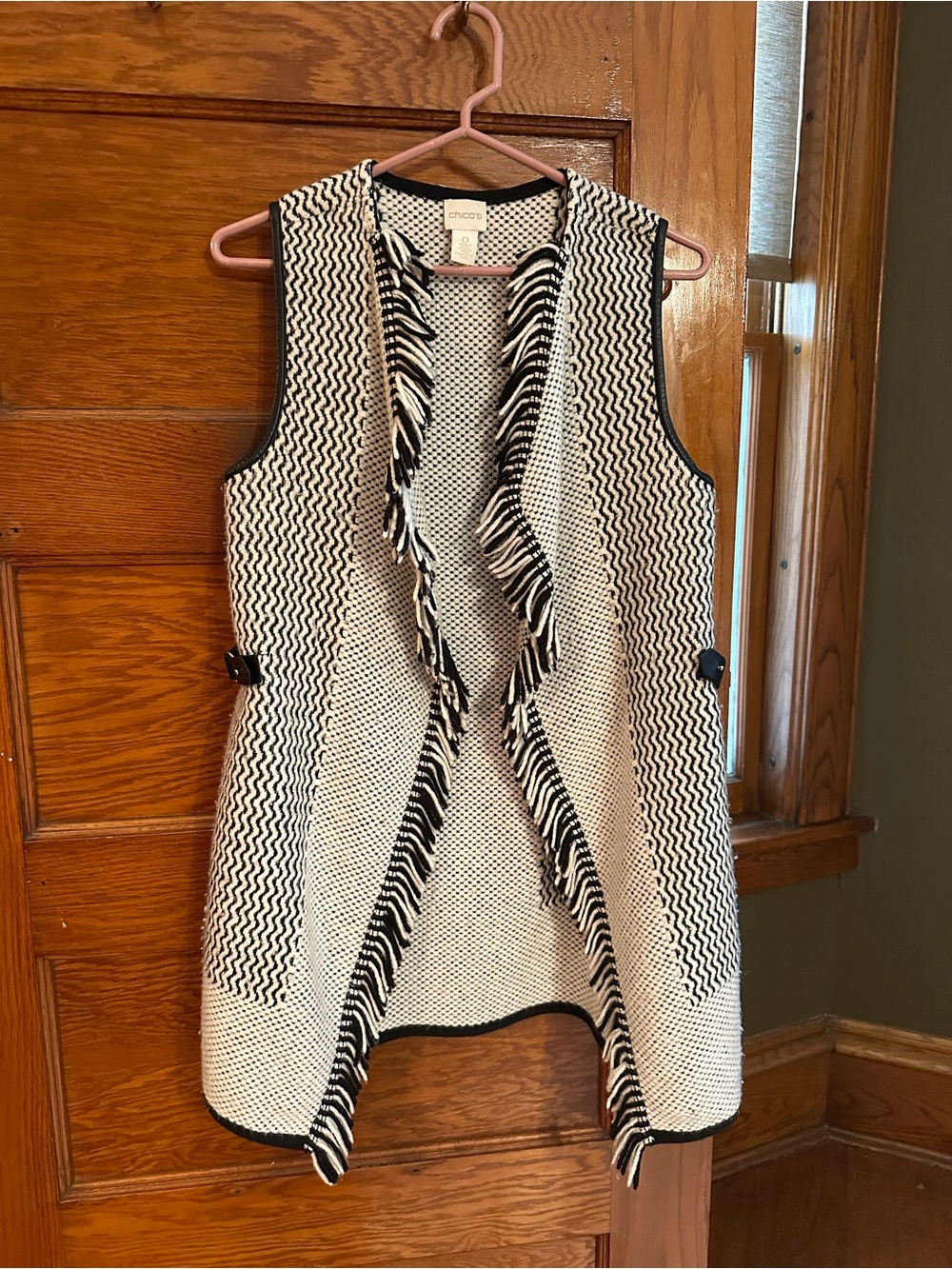 Chico's Black & White Knit Fringe Open-Front Vest